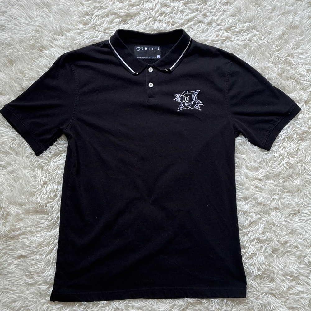 Empyre Mens Black Short Sleeve Polo Shirt Skull Rose Graphic Tipped Collar L
